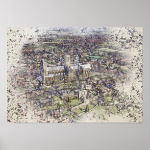 Lincoln Cathedral Aerial Sketch Art Distressed Poster