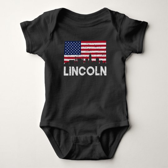 Lincoln NE American Flag Skyline Distressed Baby Bodysuit