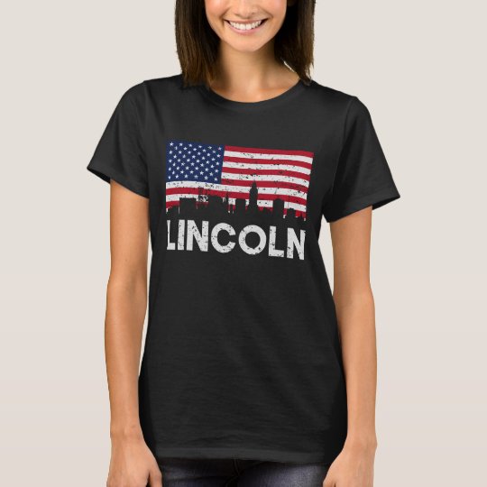 Lincoln NE American Flag Skyline Distressed T-Shirt