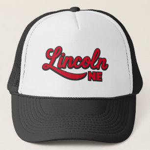 Lincoln NE Script Logo Bold Red Retro City Trucker Hat