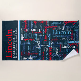 Lincoln personalised name meaning red blue white beach towel