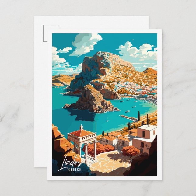 Lindos Greece Art Vintage Travel Illustration Postcard (Front/Back)