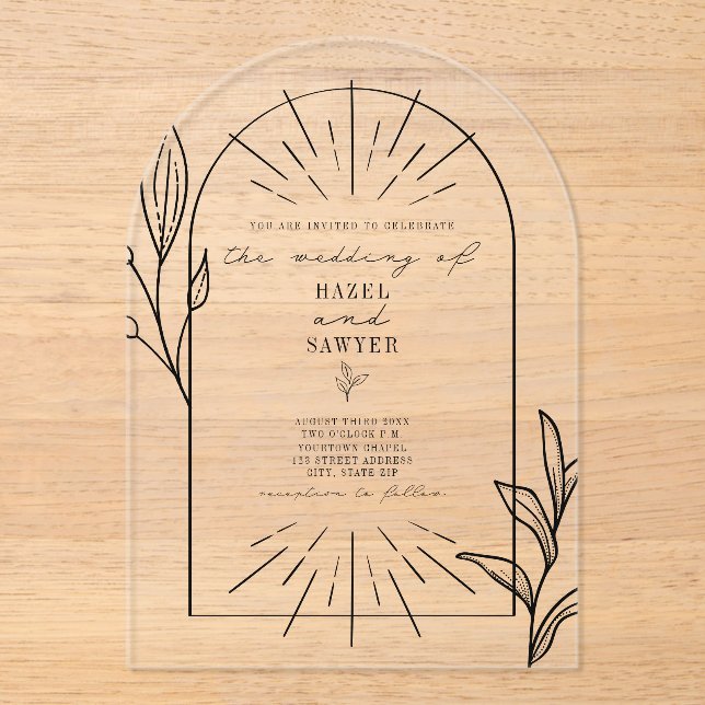 Line Art Arch Botanical Wedding Acrylic Invitations (Front)