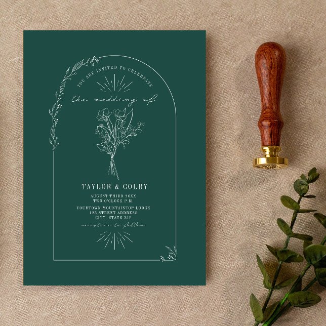 Line Art Arch Bouquet Emerald Wedding Invitation (Creator Uploaded)
