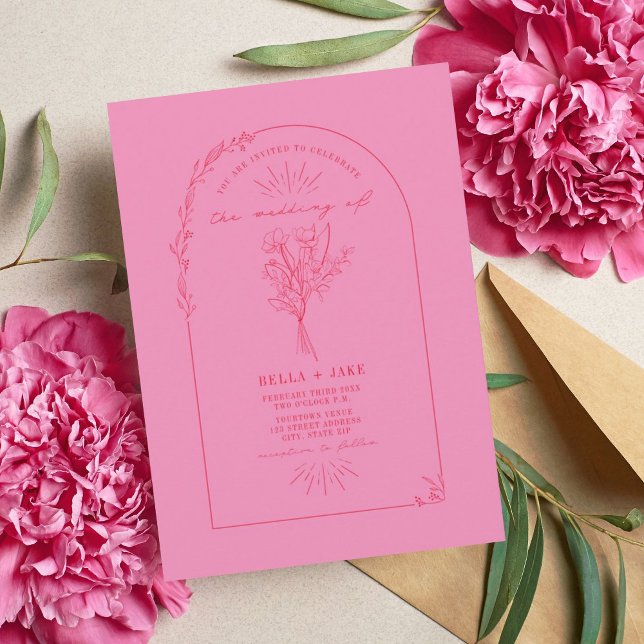 Line Art Arch Bouquet Pink Red Wedding Invitation (Creator Uploaded)