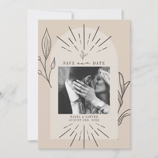 Line Art Arch Script Desert Tan Photo Save The Dat Date (Front)