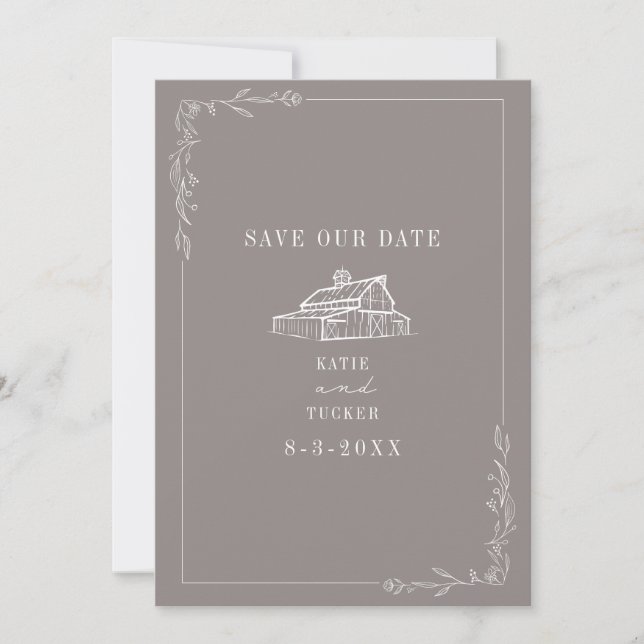 Line Art Barn Amethyst Grey Farm Wedding Save The Date (Front)