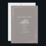 Line Art Barn Amethyst Grey Farm Wedding Save The Date<br><div class="desc">Illustration of rustic barn with line art botanical border.  Background is amethyst grey colour.</div>