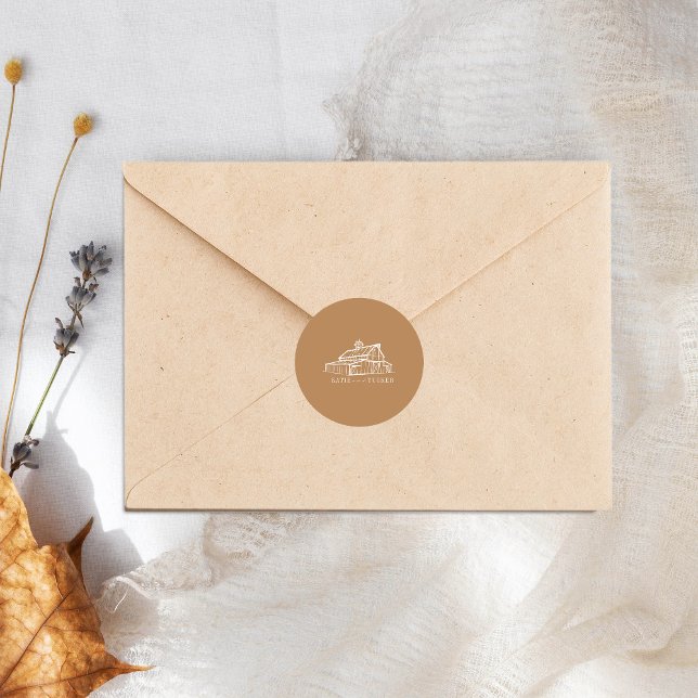 Line Art Barn Goldenrod Farm Fall Wedding Classic Round Sticker (Creator Uploaded)