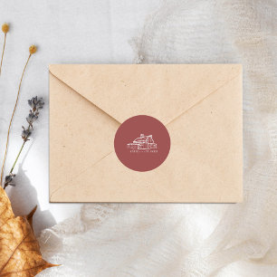 Line Art Barn Muted Red Farm Fall Wedding Classic Round Sticker