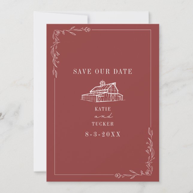 Line Art Barn Muted Red Farm Wedding Save The Date (Front)