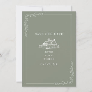 Line Art Barn Sage Green Farm Wedding Save The Date