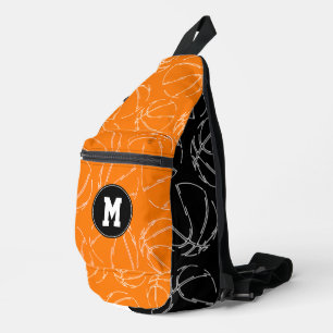 line art basketballs on black orange colour blocks sling bag