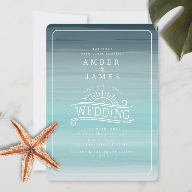 Line Art Beach Wedding Teal Ombre Invitation (Creator Uploaded)