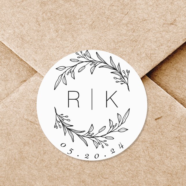 Line Art Botanical Wreath Wedding Monogram Classic Round Sticker (Creator Uploaded)