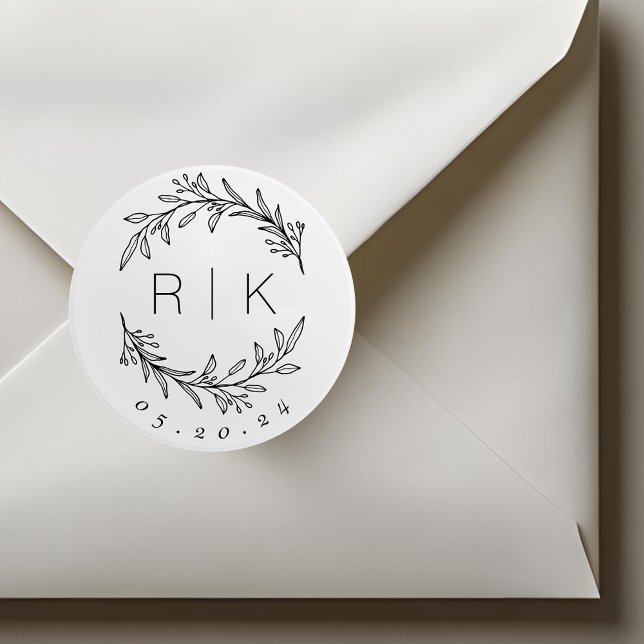 Line Art Botanical Wreath Wedding Monogram Classic Round Sticker (Creator Uploaded)
