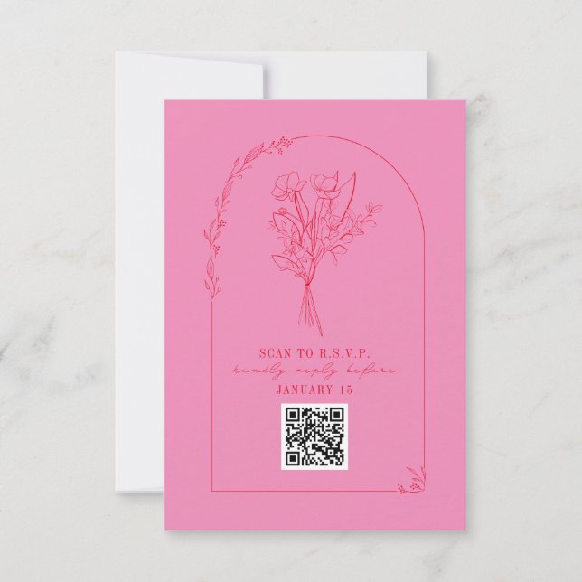Line Art Bouquet Arch Pink Red Wedding QR RSVP (Front)