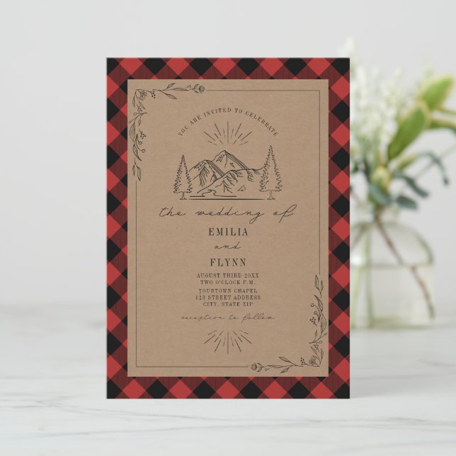 Line Art Buffalo Plaid Mountain Wedding Invitation (Standing Front)