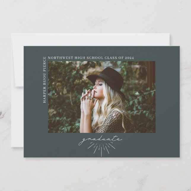 Line Art Dark Emerald Graduation Horizontal Photo Announcement (Front)