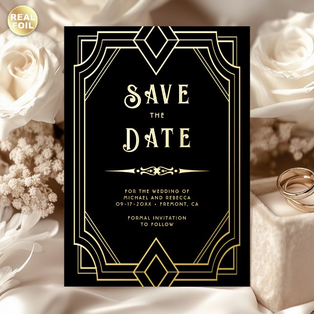 Line Art Deco Black Gold Wedding Save the Date (Creator Uploaded)