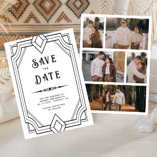 Line Art Deco Black & White Wedding Save the Date