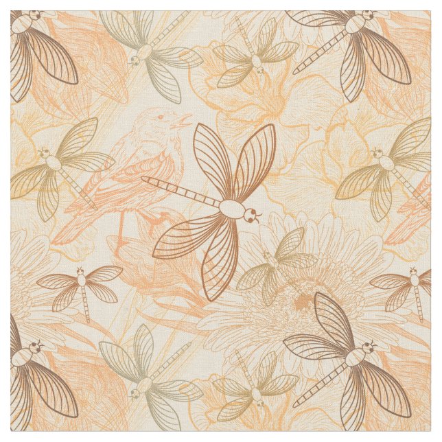 Line art dragonflies birds flowers peach pattern fabric (Close Up)