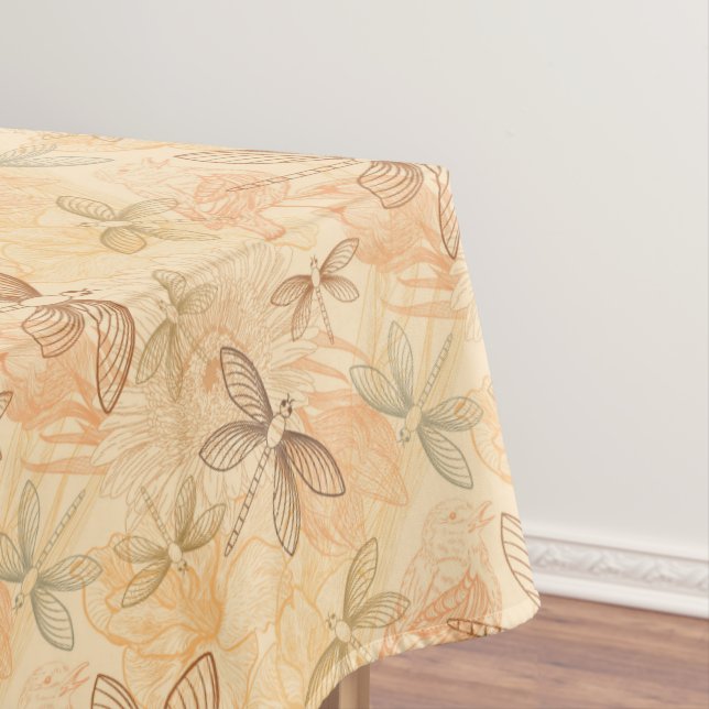 Line art dragonflies birds flowers peach pattern tablecloth (In Situ)