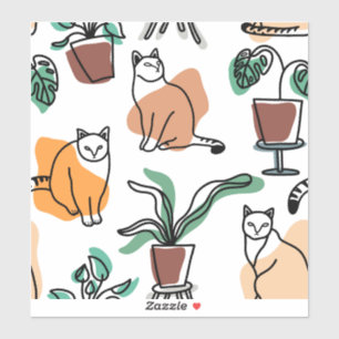 Line art drawing cats and flowers