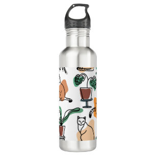 Line art drawing cats and flowers 710 ml water bottle