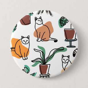 Line art drawing cats and flowers 7.5 cm round badge
