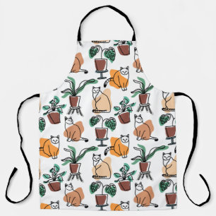 Line art drawing cats and flowers apron