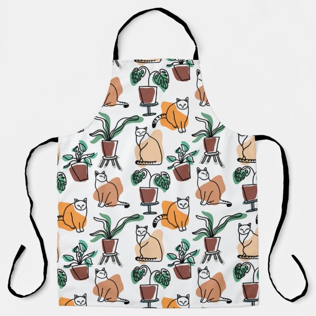 Line art drawing cats and flowers apron (Front)