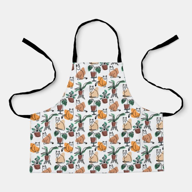 Line art drawing cats and flowers apron (Front)