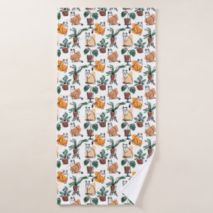 Line art drawing cats and flowers bath towel