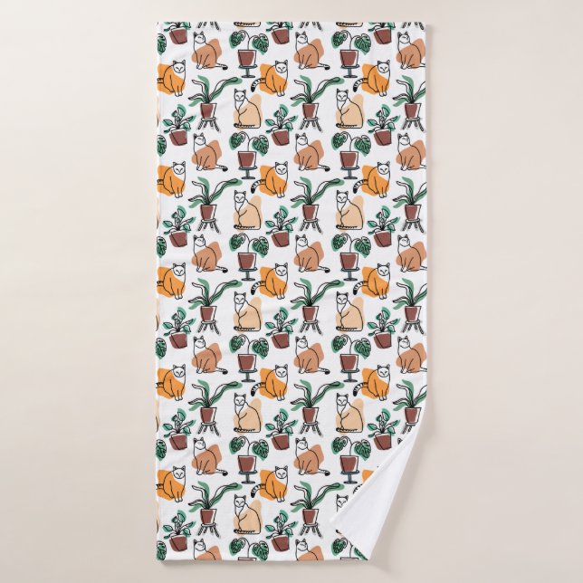 Line art drawing cats and flowers bath towel (Bath Towel)