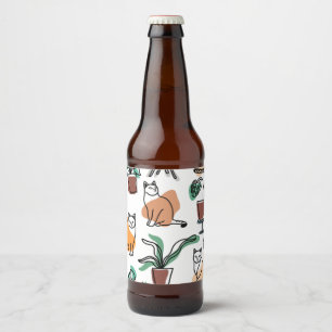 Line art drawing cats and flowers beer bottle label