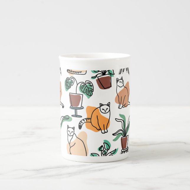 Line art drawing cats and flowers bone china mug (Front)