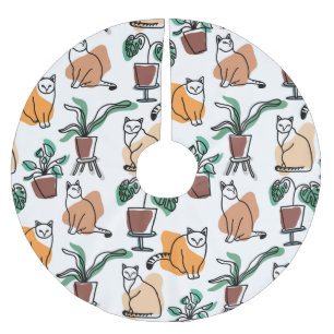 Line art drawing cats and flowers brushed polyester tree skirt