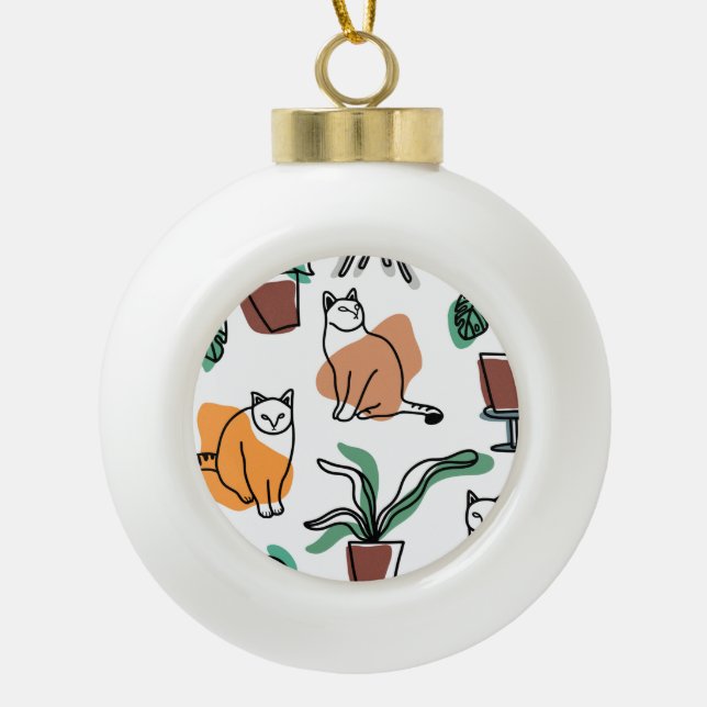 Line art drawing cats and flowers ceramic ball christmas ornament (Front)