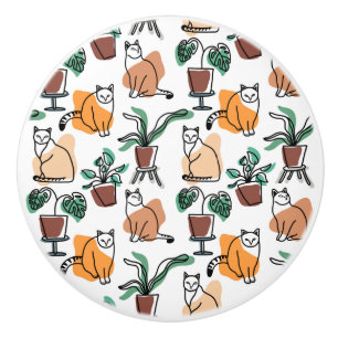 Line art drawing cats and flowers ceramic knob