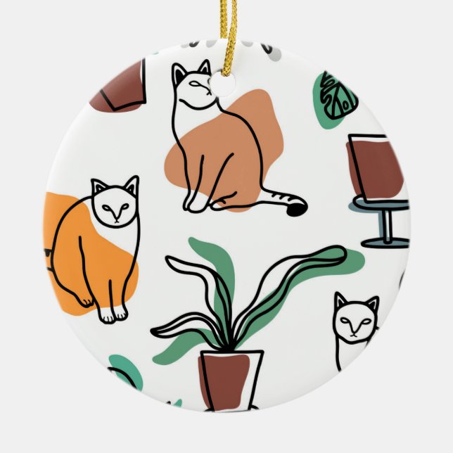 Line art drawing cats and flowers ceramic ornament (Front)