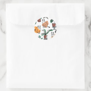 Line art drawing cats and flowers classic round sticker