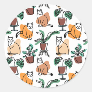 Line art drawing cats and flowers classic round sticker