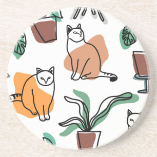 Line art drawing cats and flowers coaster