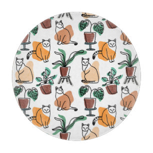 Line art drawing cats and flowers cutting board