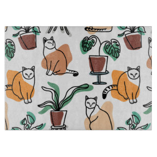 Line art drawing cats and flowers cutting board