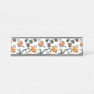 Line art drawing cats and flowers desk name plate