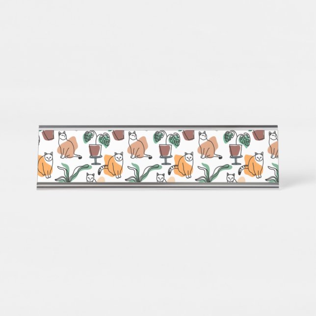Line art drawing cats and flowers desk name plate (Front)