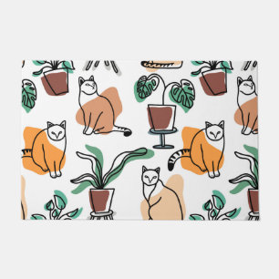 Line art drawing cats and flowers doormat