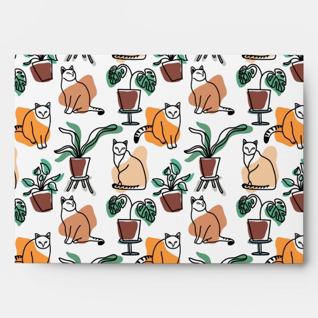 Line art drawing cats and flowers envelope (Front)